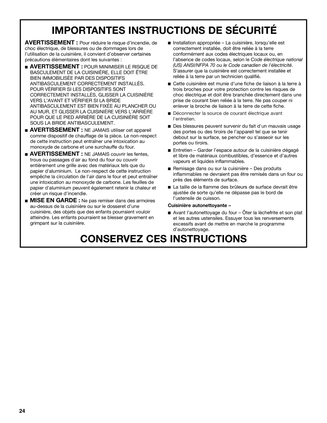 Whirlpool GW399LXUQ, W10432289A, GW399LXUS, GW399LXUB manual Importantes Instructions DE Sécurité, Cuisinière autonettoyante 