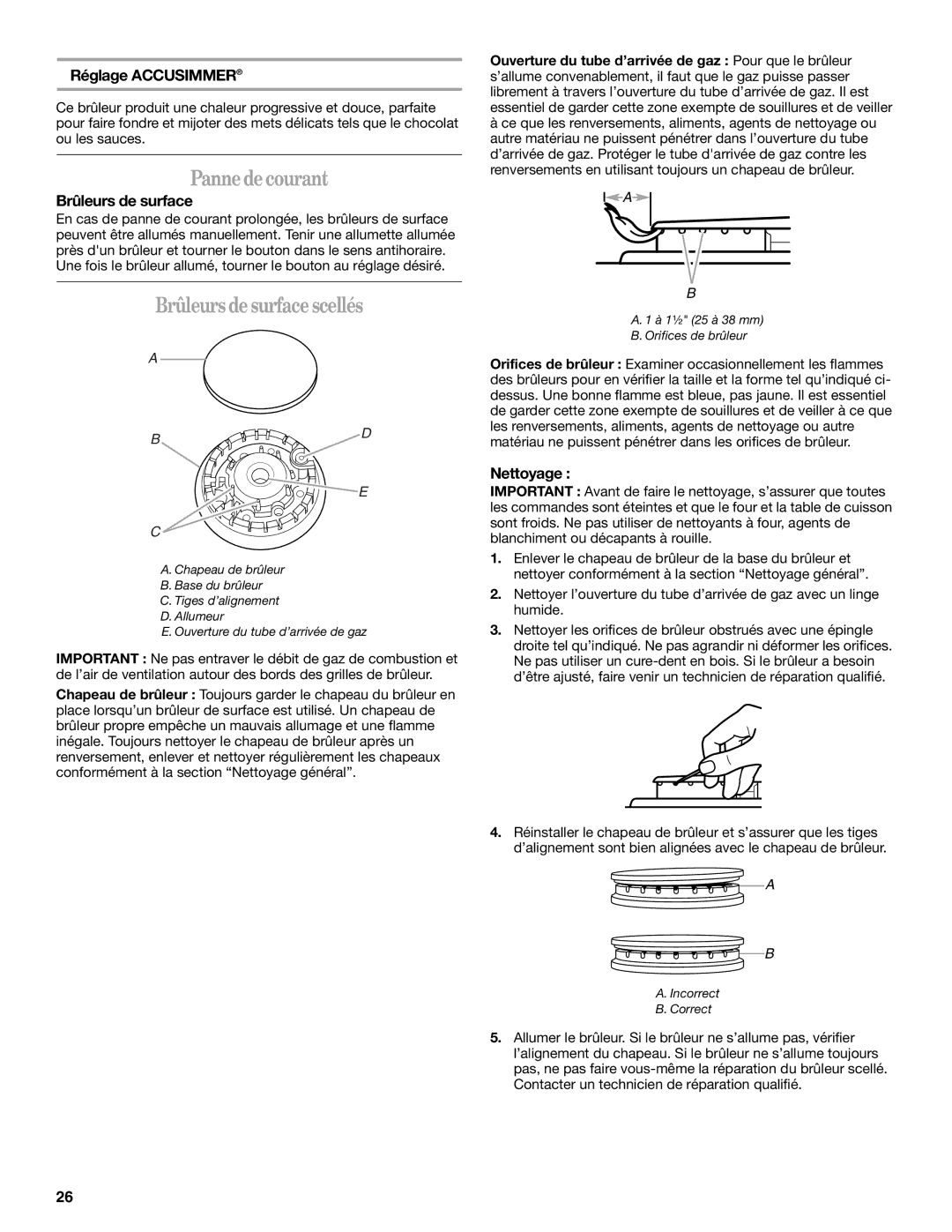 Whirlpool GW397LXUQ, W10432289A, GW399LXUS Panne de courant, Brûleurs de surface scellés, Réglage Accusimmer, Nettoyage 