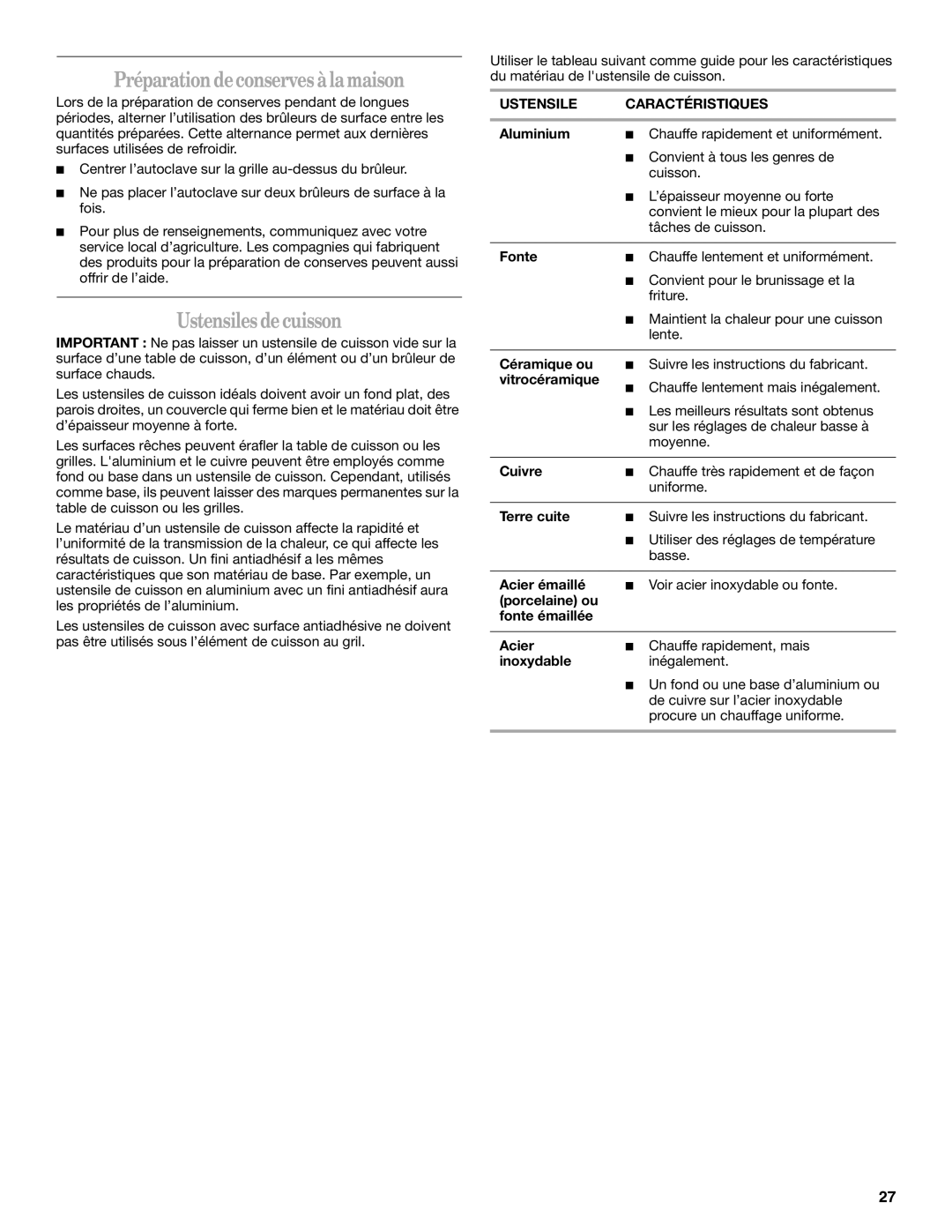 Whirlpool GW397LXUS, W10432289A Préparation de conserves à la maison, Ustensiles de cuisson, Ustensile Caractéristiques 