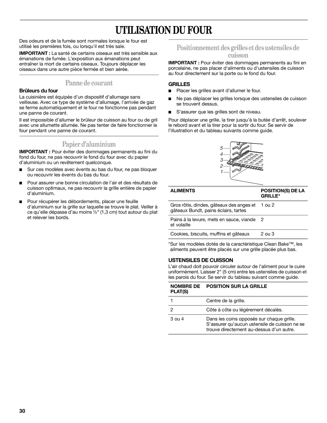 Whirlpool GW399LXUB manual Utilisation DU Four, Papier d’aluminium, Positionnement des grilles et des ustensiles de Cuisson 