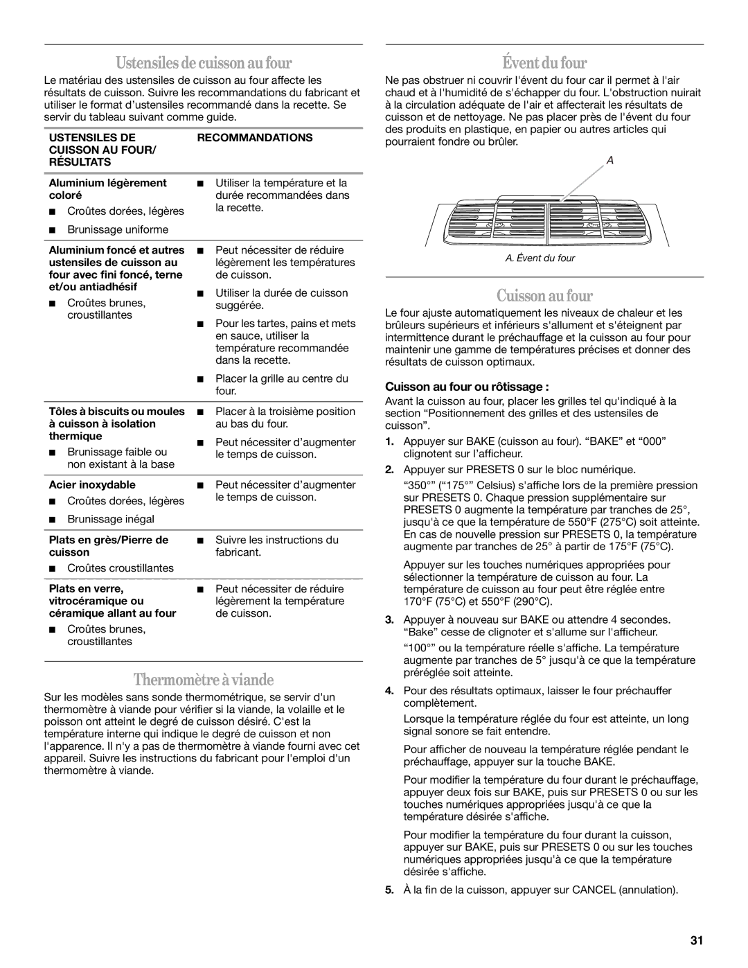 Whirlpool GW399LXUQ, W10432289A manual Ustensiles de cuisson au four, Thermomètre à viande, Évent du four, Cuisson au four 