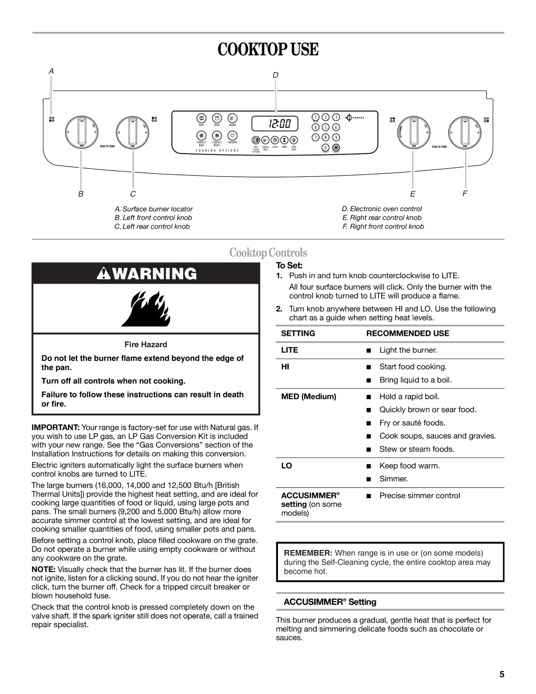 Whirlpool GW397LXUQ, W10432289A, GW399LXUS, GW399LXUB, GW399LXUQ Cooktop USE, Cooktop Controls, To Set, Accusimmer Setting 