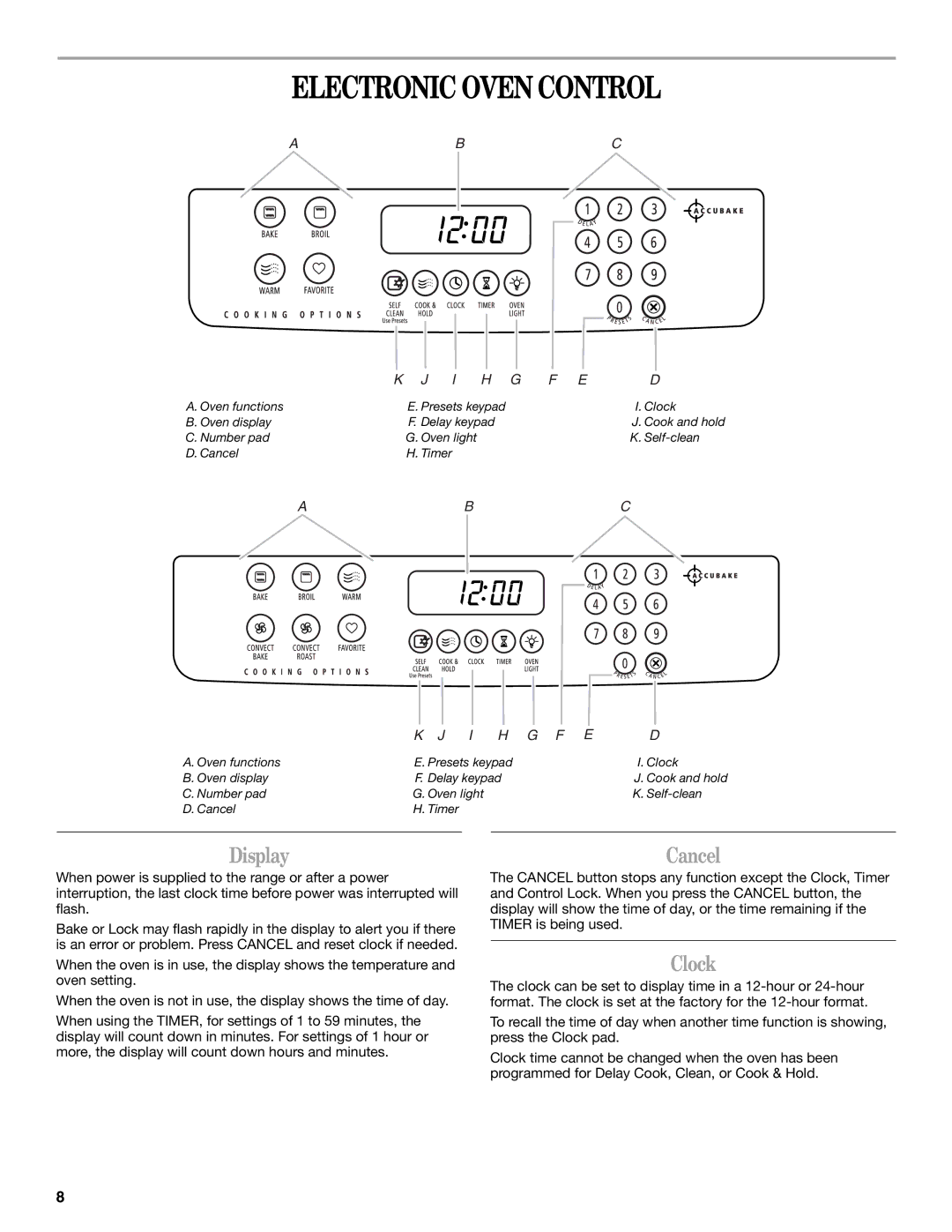 Whirlpool GW399LXUS, W10432289A, GW399LXUB, GW399LXUQ, GW397LXUB, GW397LXUQ, GW397LXUS manual Electronic Oven Control, Clock 