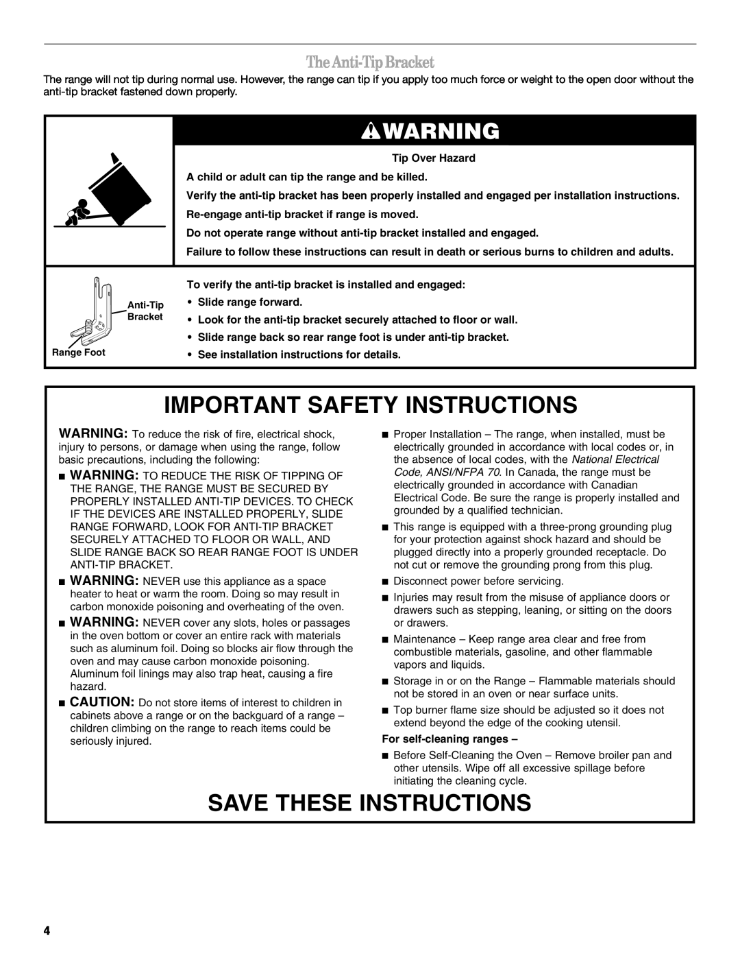 Whirlpool GW397LXUB, W10432289A, GW399LXUS manual The Anti-TipBracket, Important Safety Instructions, Save These Instructions 