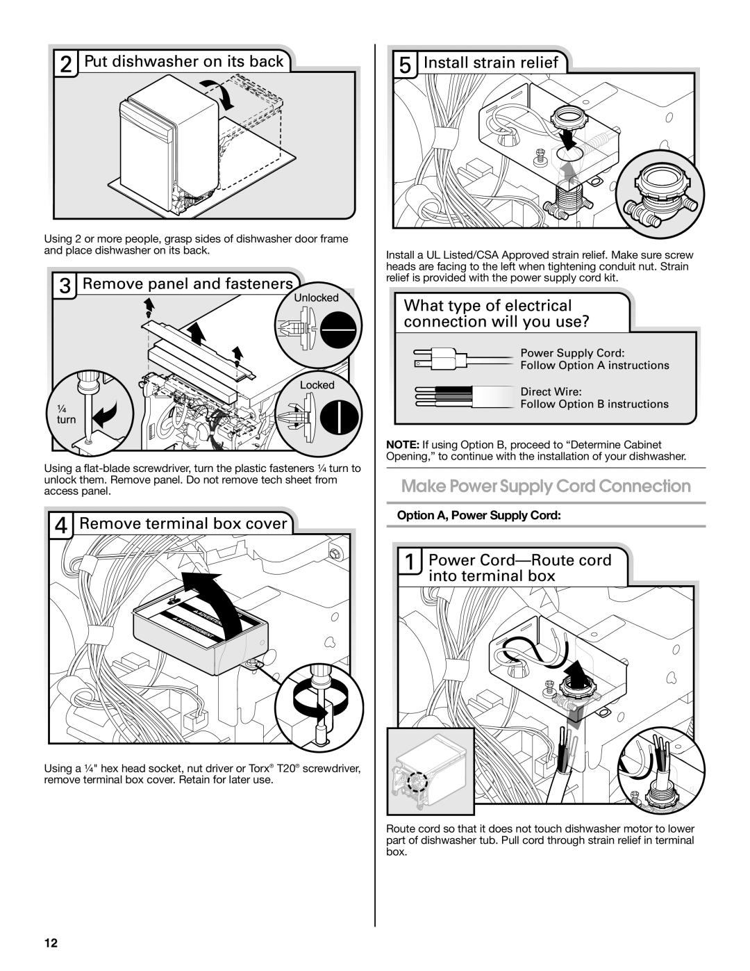 Whirlpool W10435039A installation instructions Make Power Supply Cord Connection, Option A, Power Supply Cord 