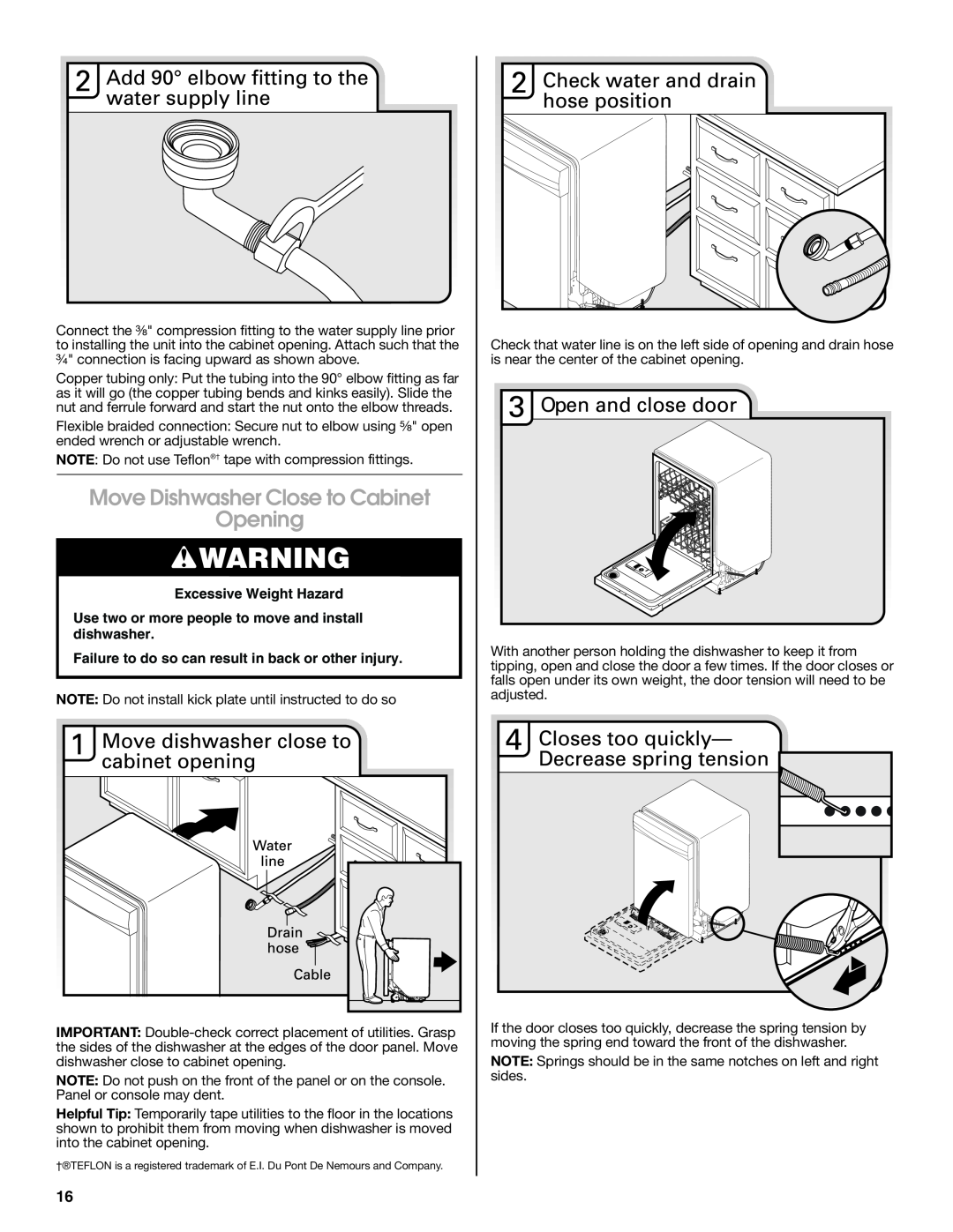 Whirlpool W10435039A installation instructions Move Dishwasher Close to Cabinet Opening, Excessive Weight Hazard 