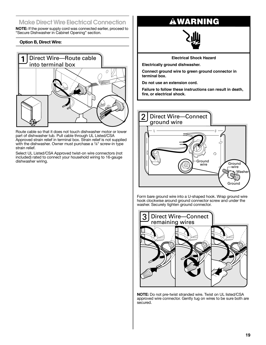 Whirlpool W10435039A Make Direct Wire Electrical Connection, Option B, Direct Wire, Do not use an extension cord 