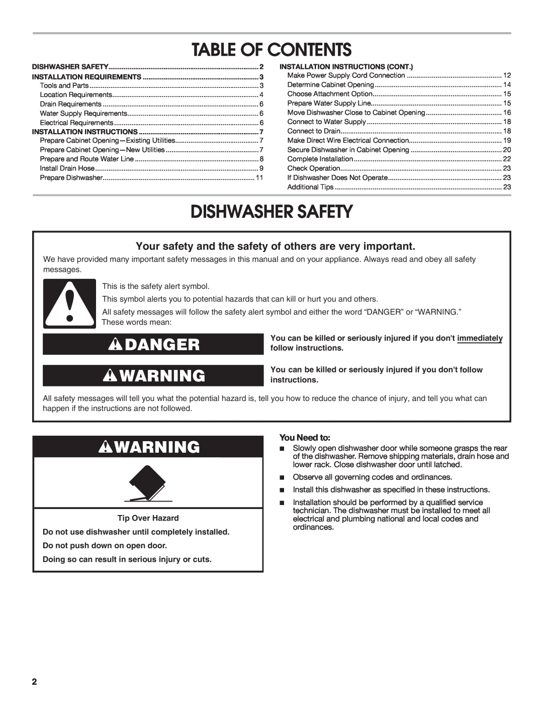 Whirlpool W10435039A installation instructions Table Of Contents, Dishwasher Safety, You Need to, Tip Over Hazard, Danger 