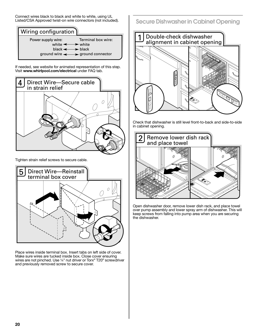 Whirlpool W10435039A installation instructions Secure Dishwasher in Cabinet Opening 