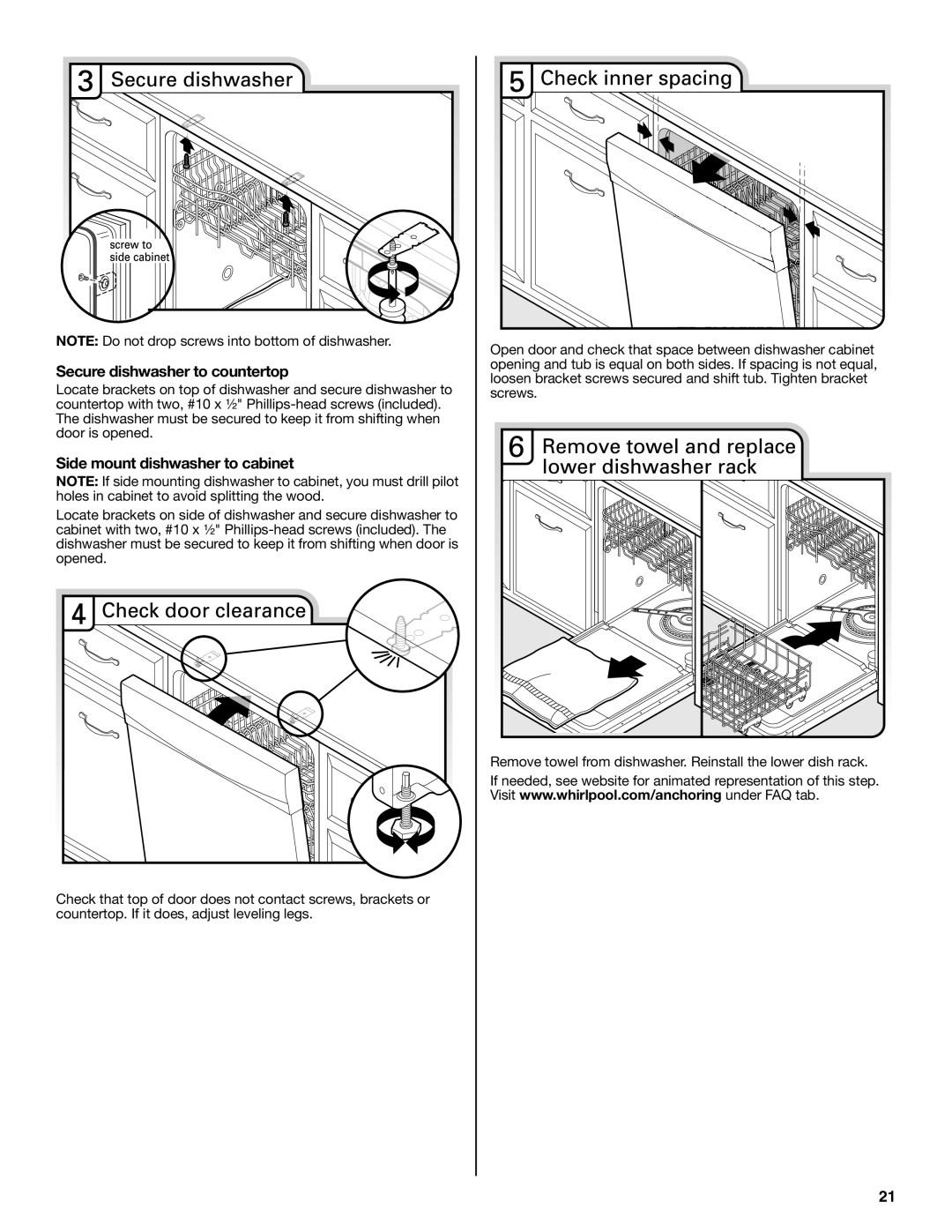 Whirlpool W10435039A installation instructions Secure dishwasher to countertop, Side mount dishwasher to cabinet 