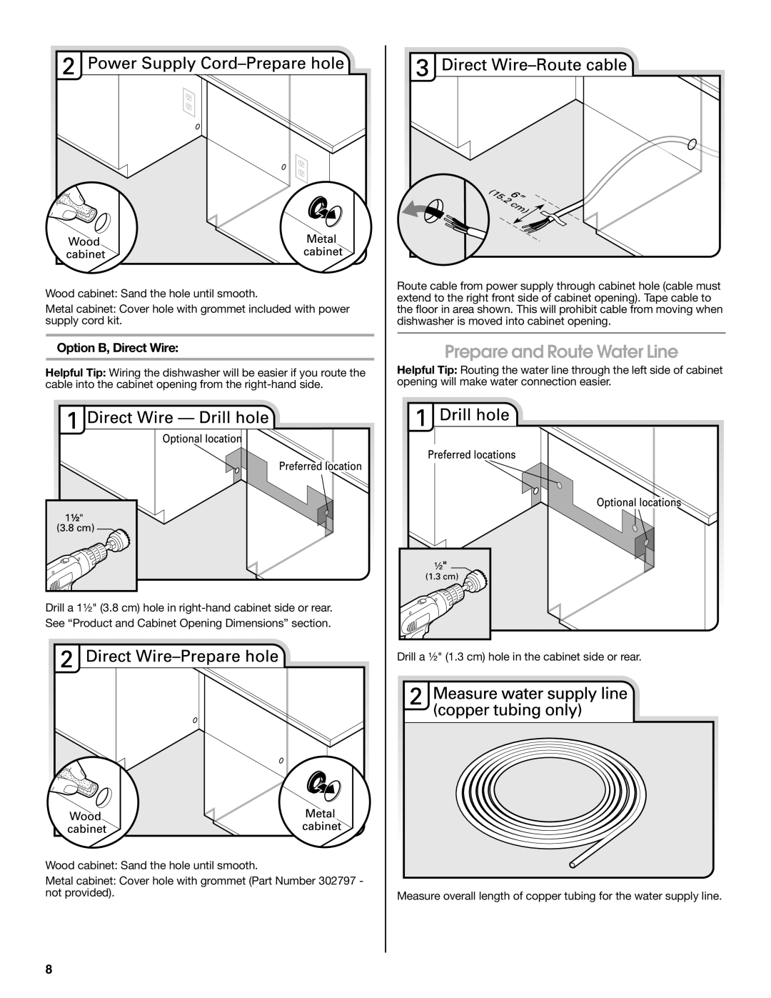 Whirlpool W10435039A installation instructions Prepare and Route Water Line, Option B, Direct Wire 