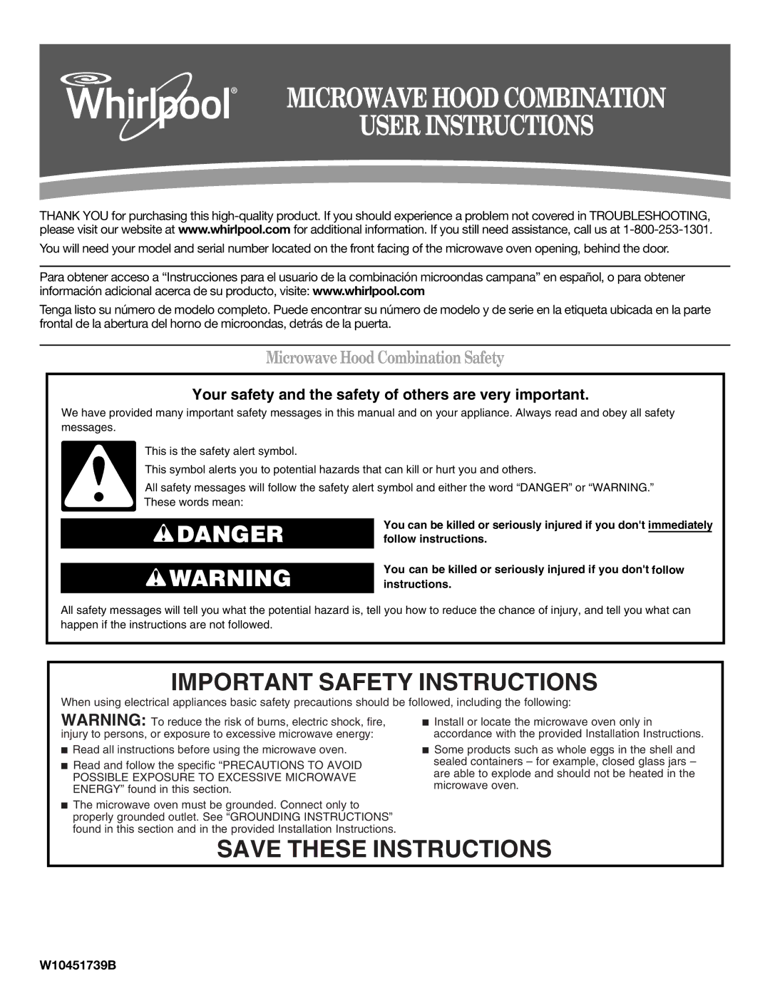 Whirlpool W10451739B important safety instructions Important Safety Instructions, Microwave Hood Combination Safety 