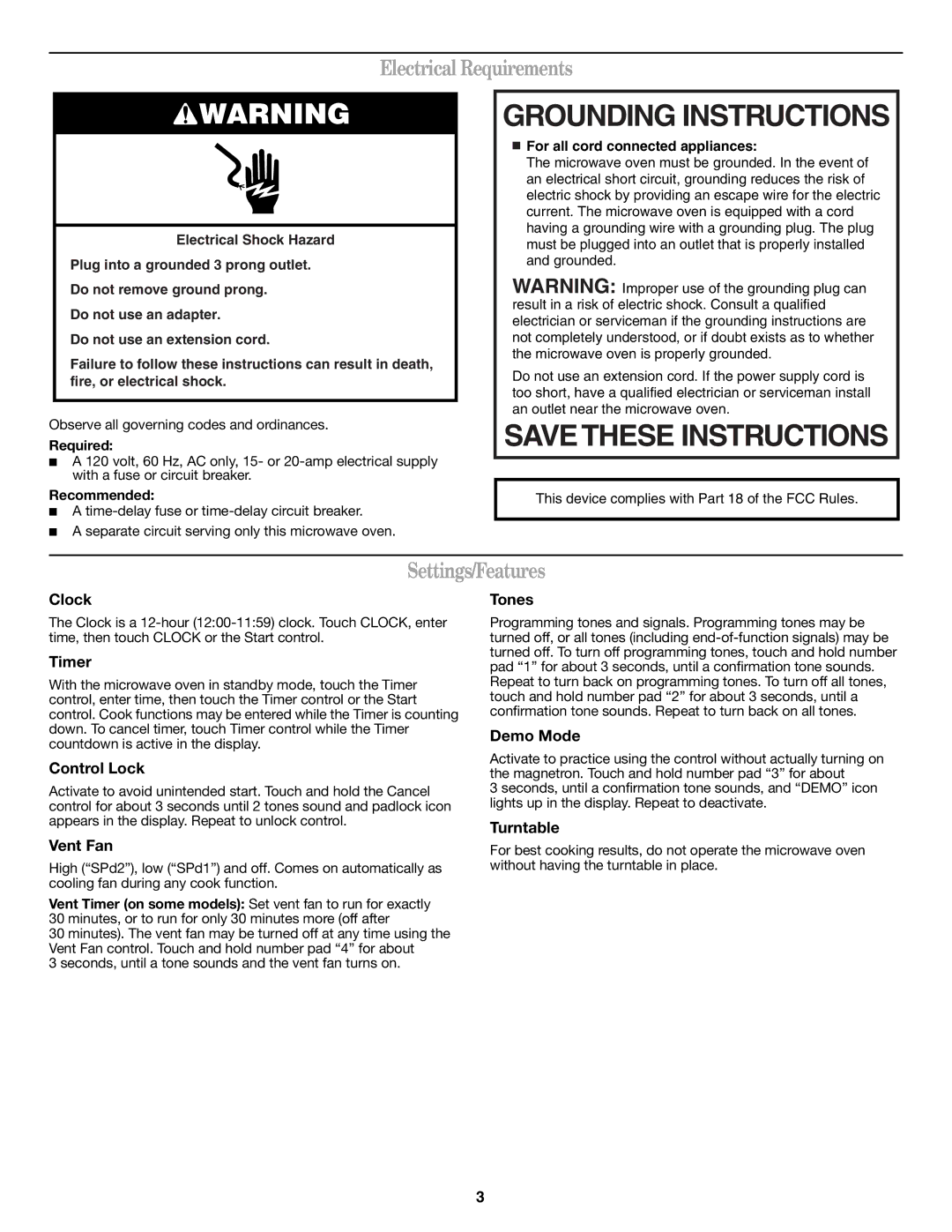 Whirlpool W10451739B important safety instructions Grounding Instructions, Electrical Requirements, Settings/Features 