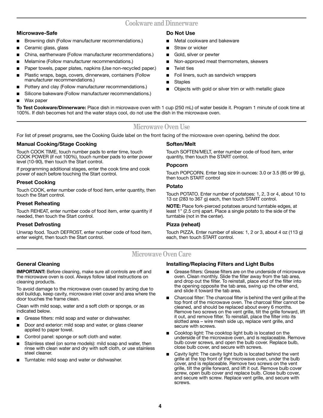 Whirlpool W10451739B important safety instructions Cookware and Dinnerware, Microwave Oven Use, Microwave Oven Care 