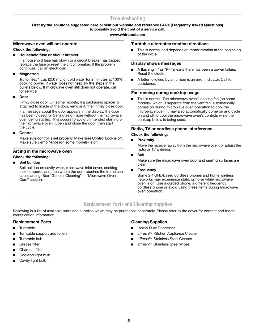 Whirlpool W10451739B important safety instructions Troubleshooting, Replacement Parts and Cleaning Supplies 