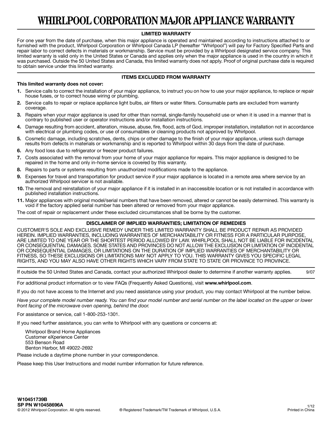 Whirlpool important safety instructions This limited warranty does not cover, W10451739B SP PN W10458696A 