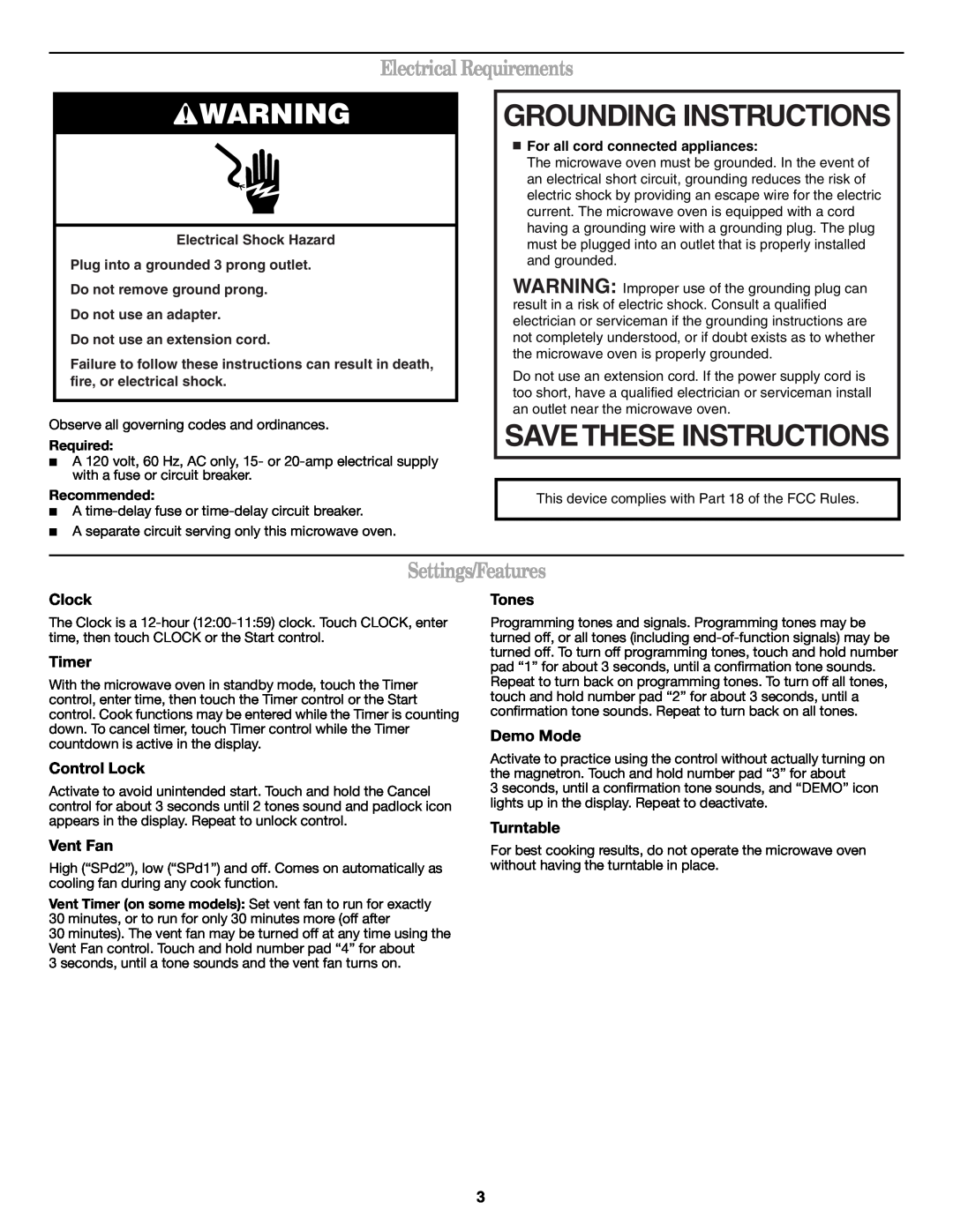 Whirlpool W10451739B Grounding Instructions, Electrical Requirements, Settings/Features, Save These Instructions 