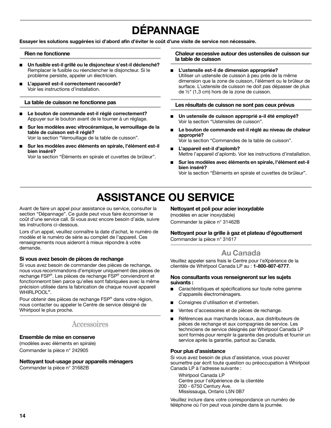 Whirlpool W10458809B manual Dépannage, Assistance OU Service, Au Canada 