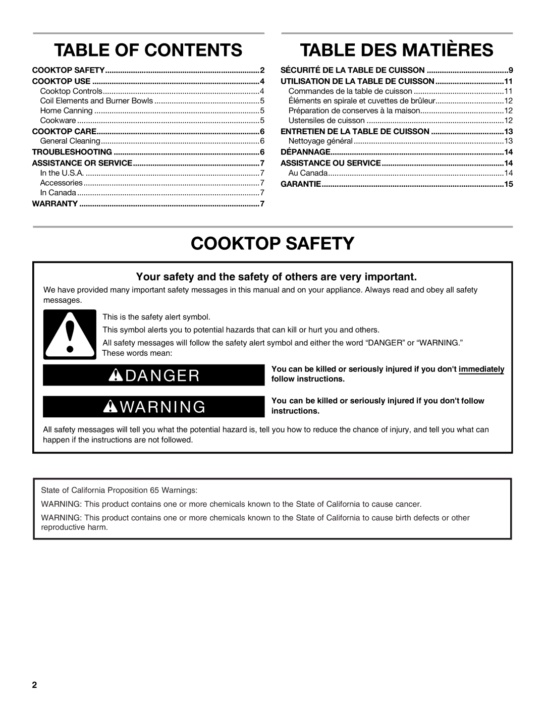 Whirlpool W10458809B manual Table of Contents Table DES Matières, Cooktop Safety 