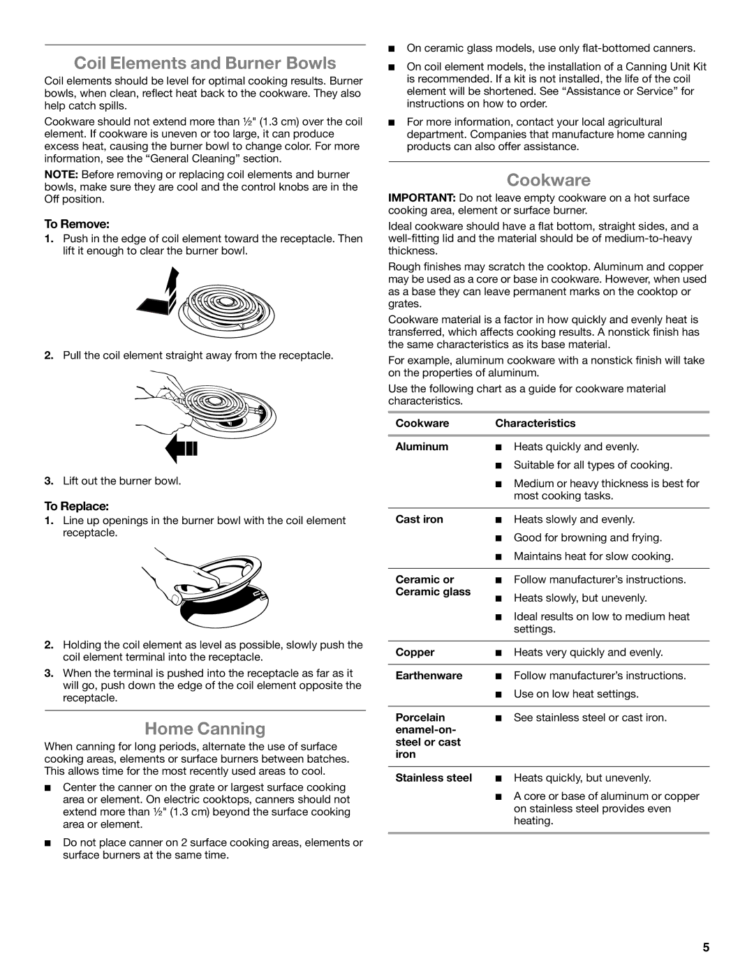 Whirlpool W10458809B manual Coil Elements and Burner Bowls, Home Canning, Cookware, To Remove, To Replace 