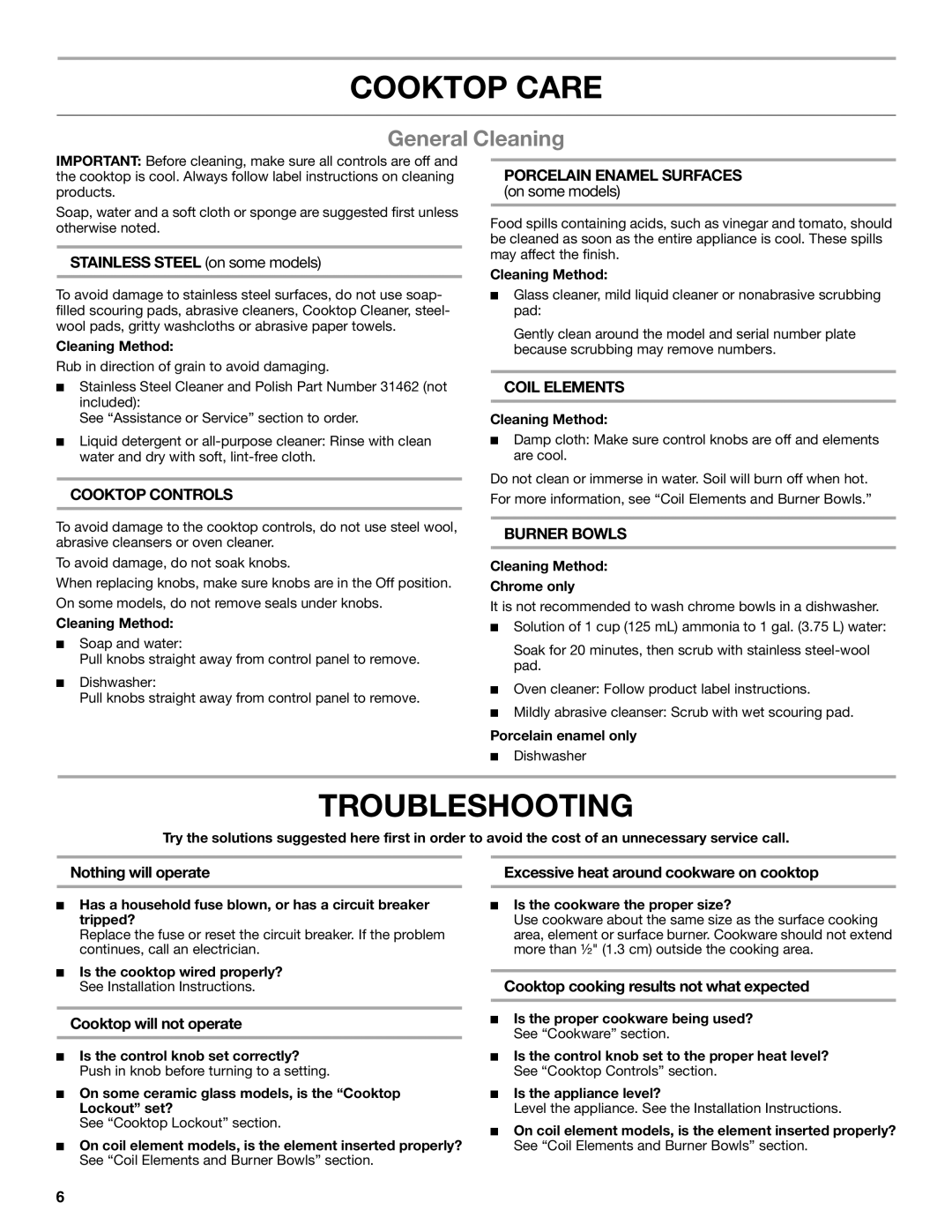 Whirlpool W10458809B manual Cooktop Care, Troubleshooting, General Cleaning 