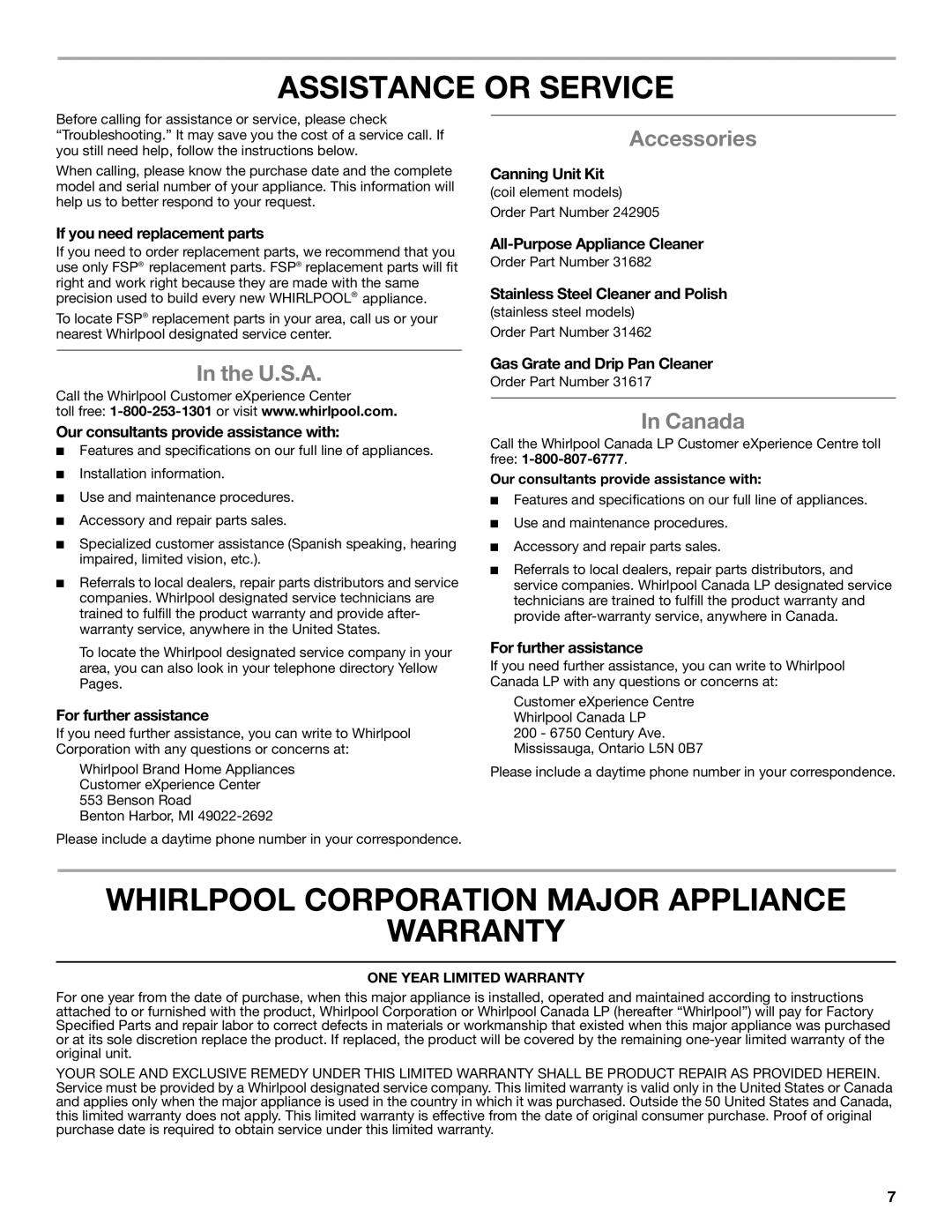 Whirlpool W10458809B Assistance or Service, Whirlpool Corporation Major Appliance Warranty, Accessories, U.S.A, Canada 