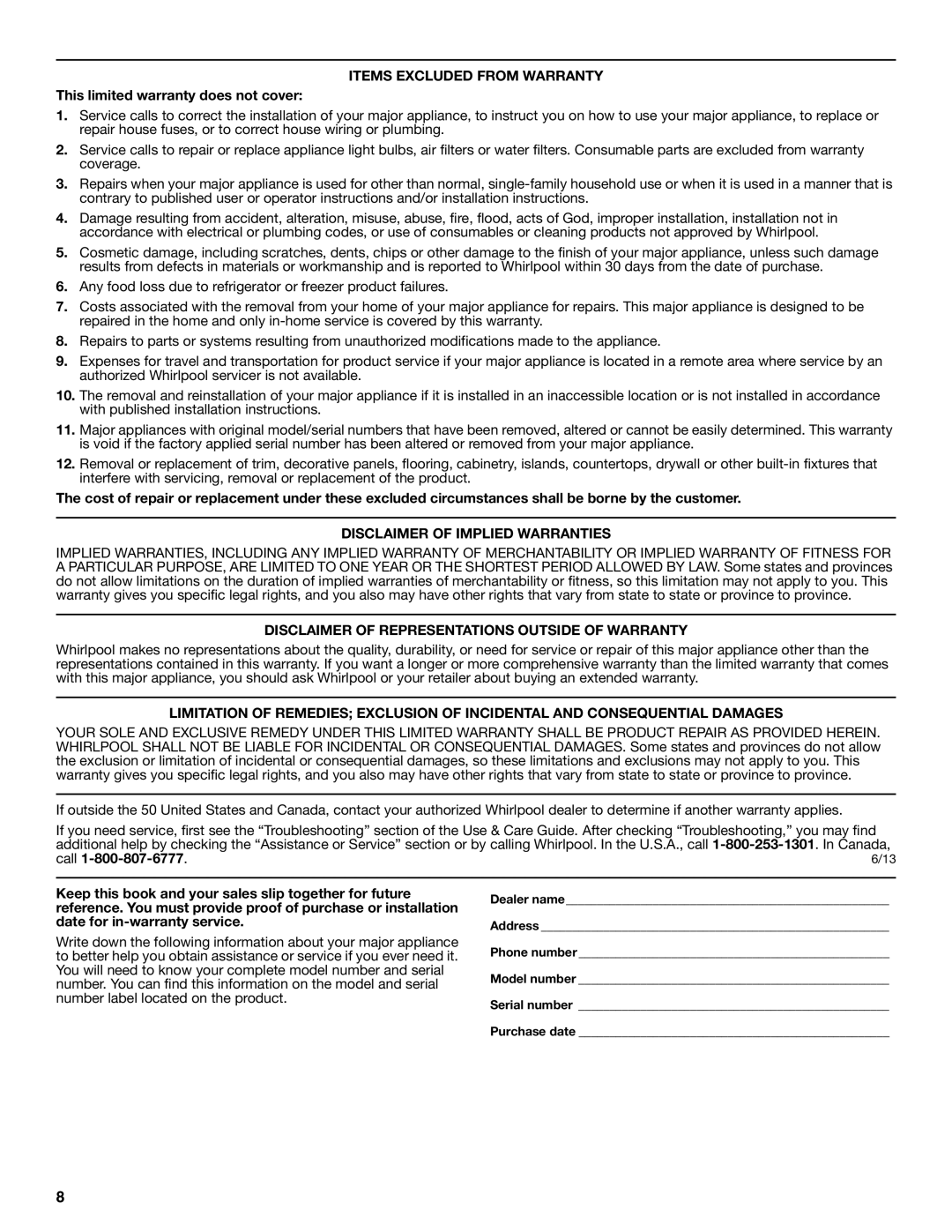 Whirlpool W10458809B Items Excluded from Warranty, This limited warranty does not cover, Disclaimer of Implied Warranties 