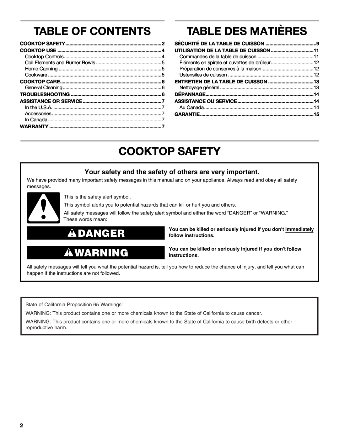 Whirlpool W10458809B manual Table Of Contents, Table Des Matières, Cooktop Safety, Danger 