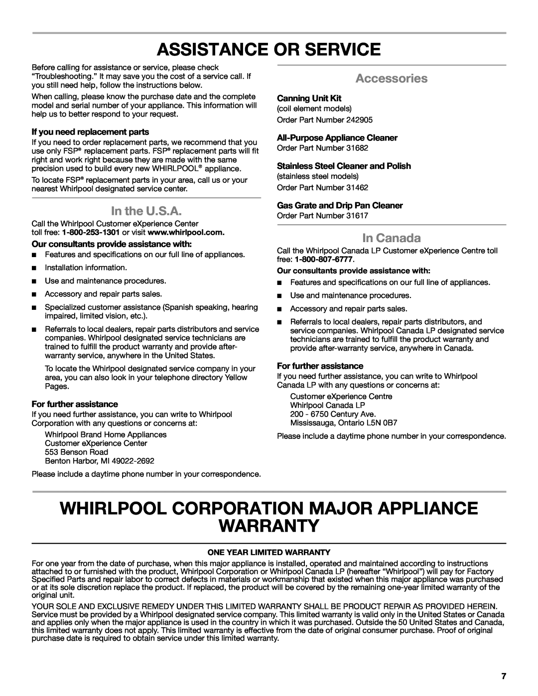 Whirlpool W10458809B Assistance Or Service, Whirlpool Corporation Major Appliance Warranty, Accessories, In the U.S.A 