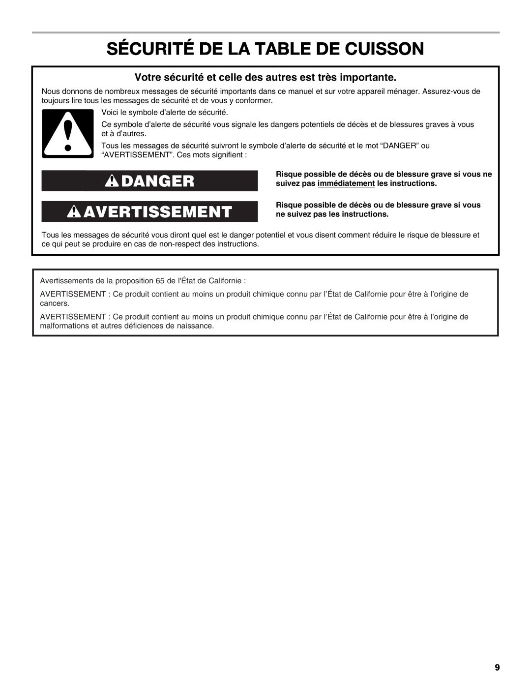 Whirlpool W10458809B manual Sécurité De La Table De Cuisson, Danger Avertissement 