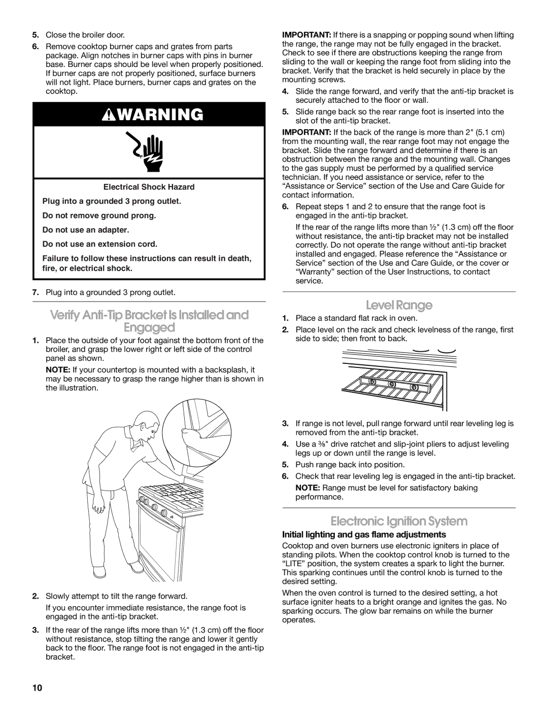 Whirlpool W10459123B Verify Anti-Tip Bracket Is Installed Engaged, Level Range, Electronic Ignition System 