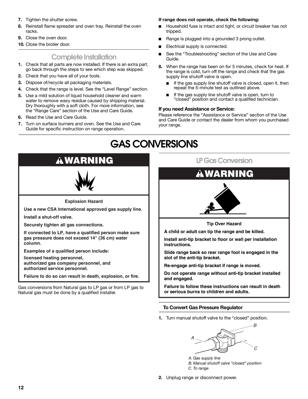 Whirlpool W10459123B GAS Conversions, Complete Installation, LP Gas Conversion, If you need Assistance or Service 