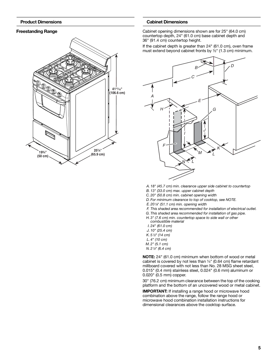 Whirlpool W10459123B installation instructions Product Dimensions Cabinet Dimensions Freestanding Range 