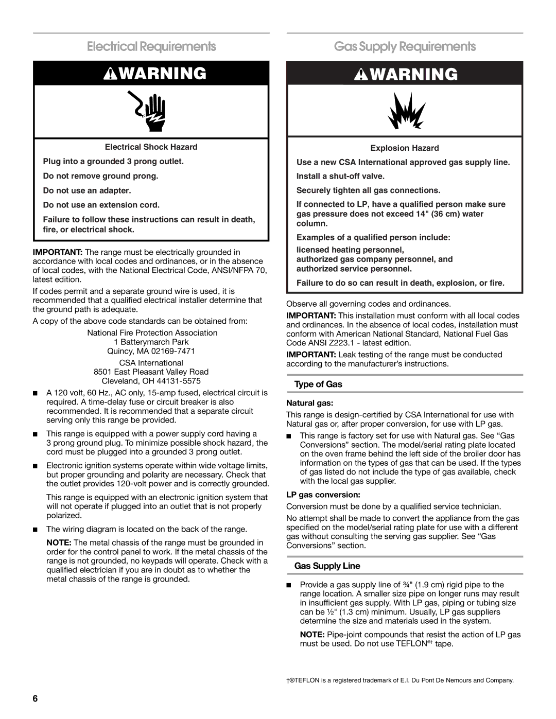 Whirlpool W10459123B Electrical Requirements, Gas Supply Requirements, Type of Gas, Gas Supply Line 