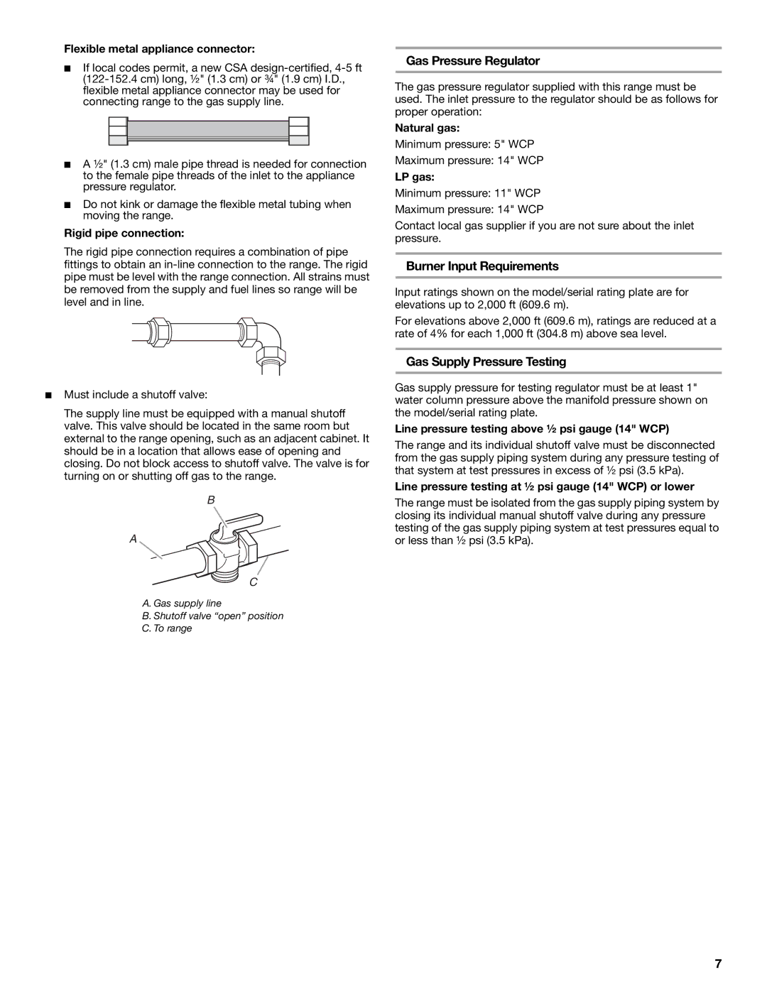 Whirlpool W10459123B Gas Pressure Regulator, Burner Input Requirements, Gas Supply Pressure Testing 