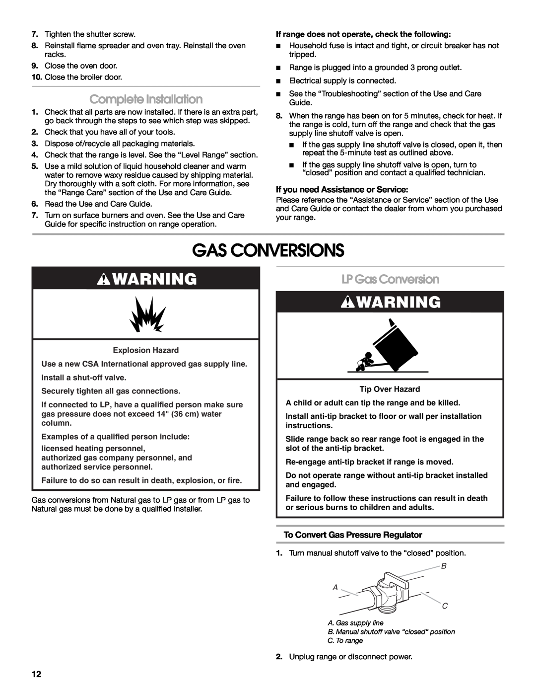 Whirlpool W10459123B Gas Conversions, Complete Installation, LP Gas Conversion, If you need Assistance or Service, B A C 