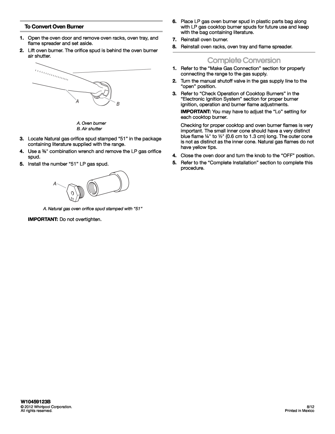 Whirlpool W10459123B Complete Conversion, To Convert Oven Burner, Whirlpool Corporation, 8/12, All rights reserved 