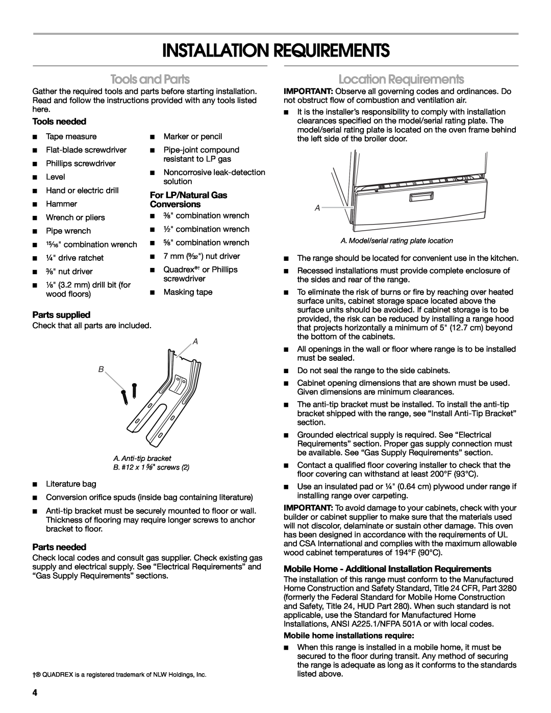 Whirlpool W10459123B Installation Requirements, Tools and Parts, Location Requirements, Tools needed, Parts supplied 