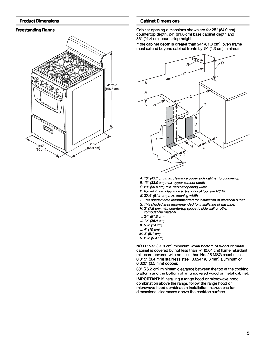 Whirlpool W10459123B installation instructions Product Dimensions, Cabinet Dimensions, Freestanding Range 