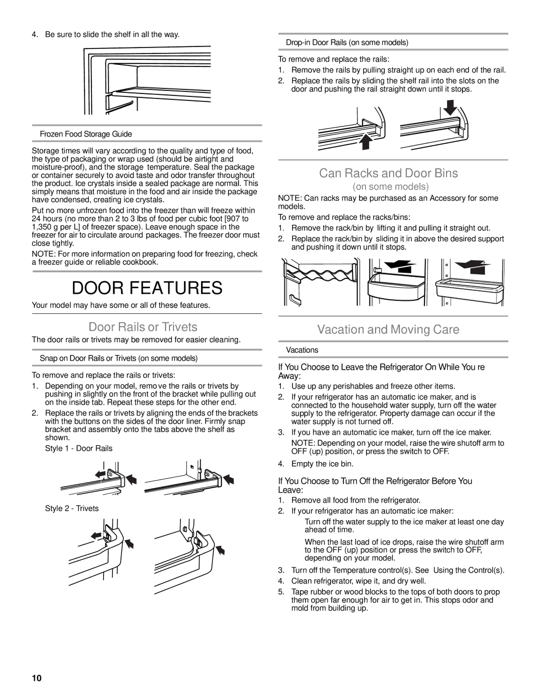 Whirlpool W10475403A Door Features, Door Rails or Trivets, Can Racks and Door Bins, Vacation and Moving Care 