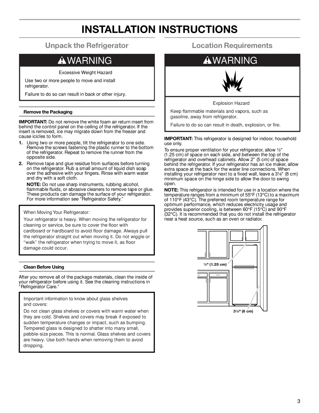 Whirlpool W10475403A Installation Instructions, Unpack the Refrigerator, Location Requirements, Clean Before Using 