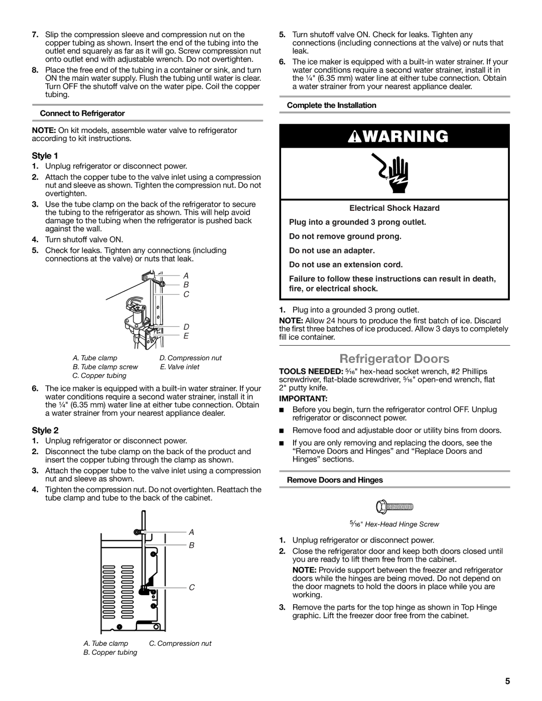 Whirlpool W10475403A installation instructions Refrigerator Doors, Style, Connect to Refrigerator, Remove Doors and Hinges 