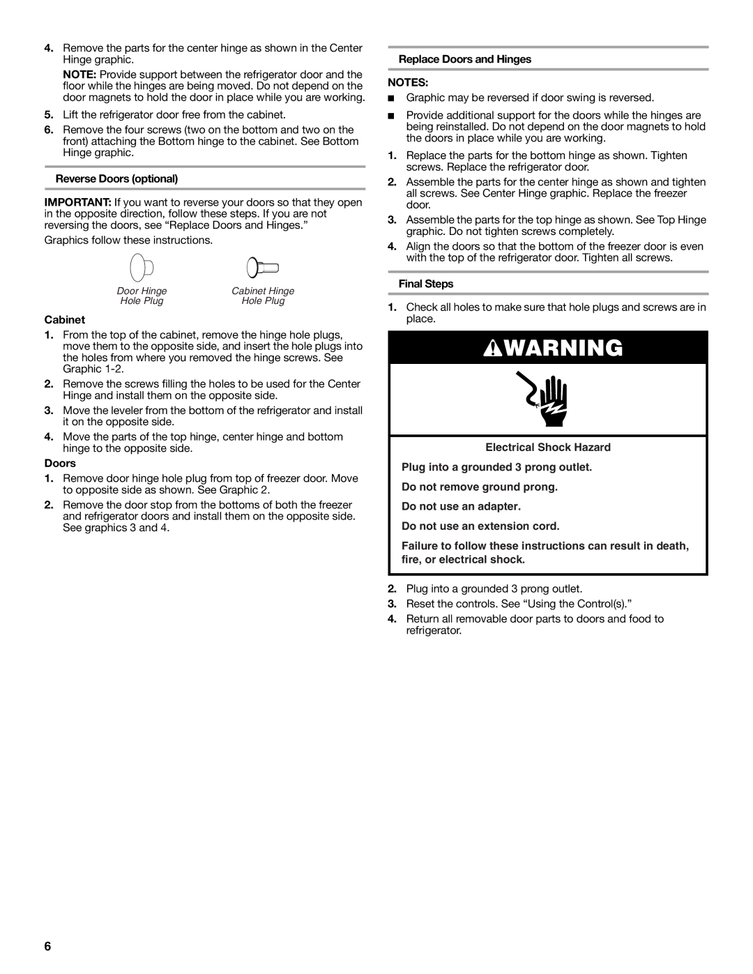 Whirlpool W10475403A installation instructions Reverse Doors optional, Cabinet, Replace Doors and Hinges, Final Steps 