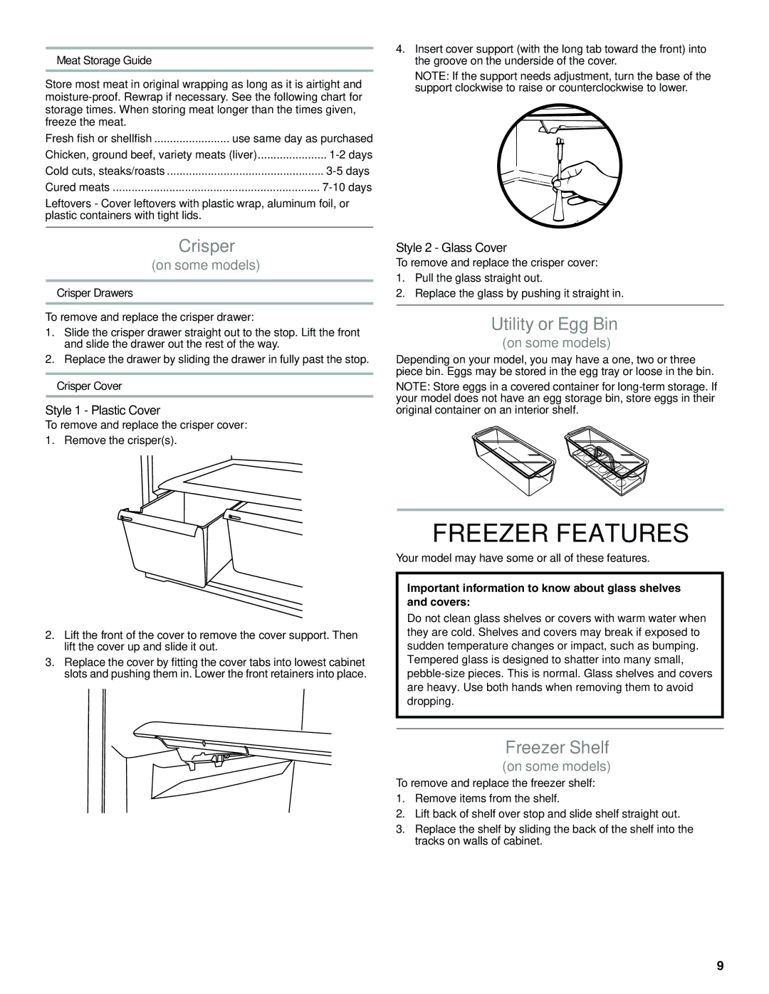 Whirlpool W10475403A installation instructions Freezer Features, Crisper, Utility or Egg Bin, Freezer Shelf 