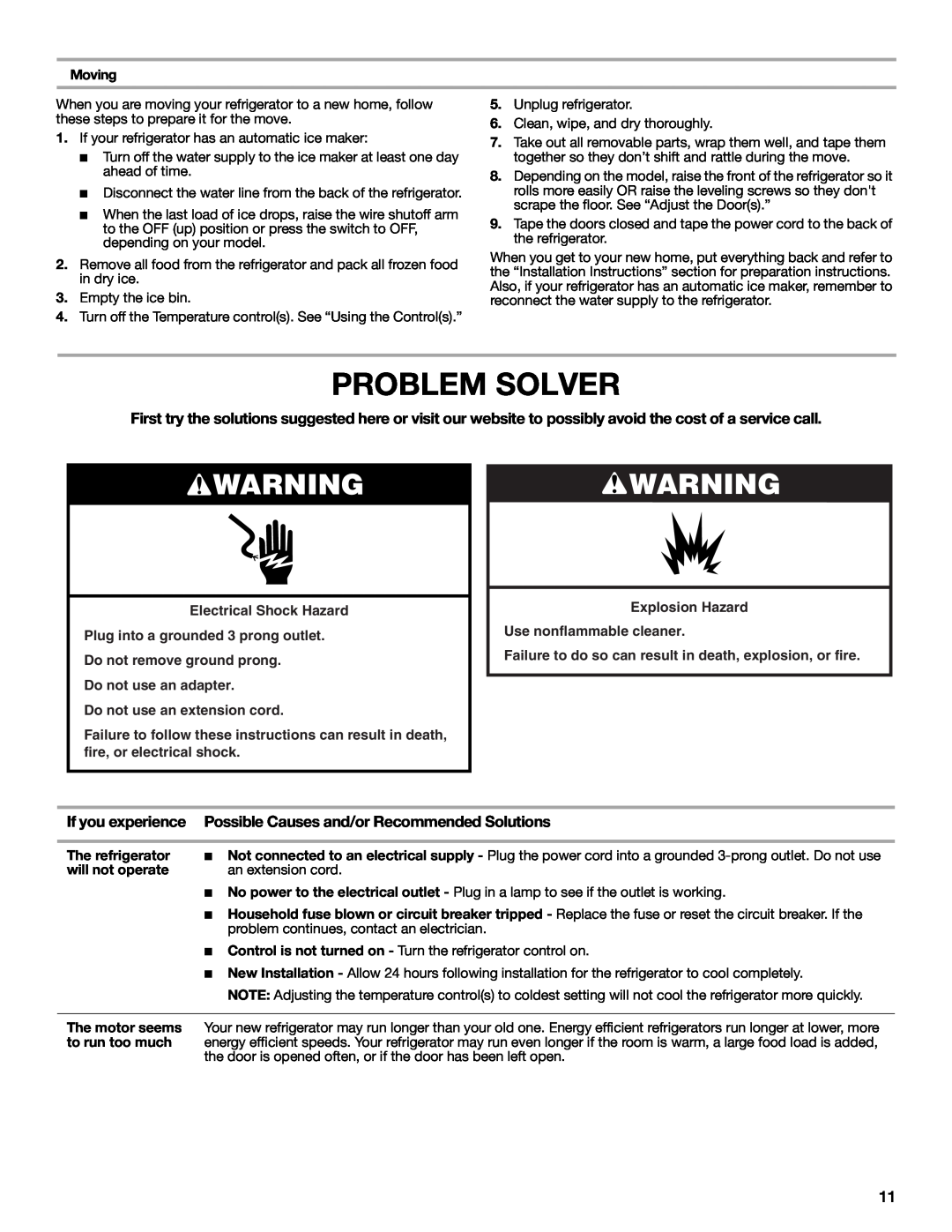 Whirlpool W10475403A Problem Solver, If you experience, Possible Causes and/or Recommended Solutions, Moving 