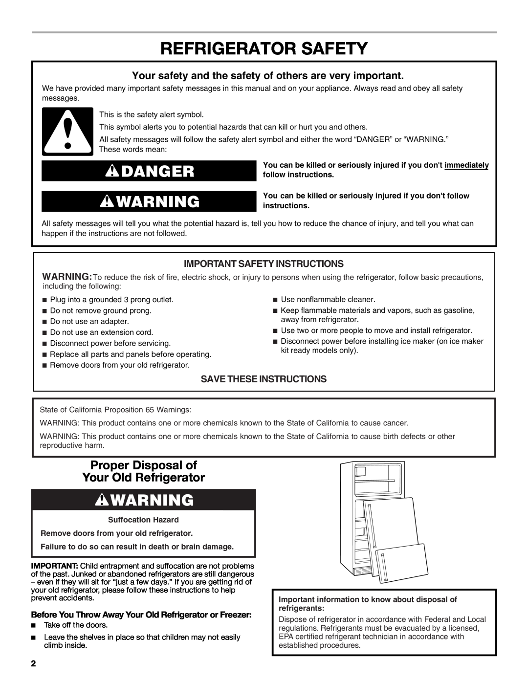Whirlpool W10475403A Refrigerator Safety, Proper Disposal of Your Old Refrigerator, Important Safety Instructions, Danger 