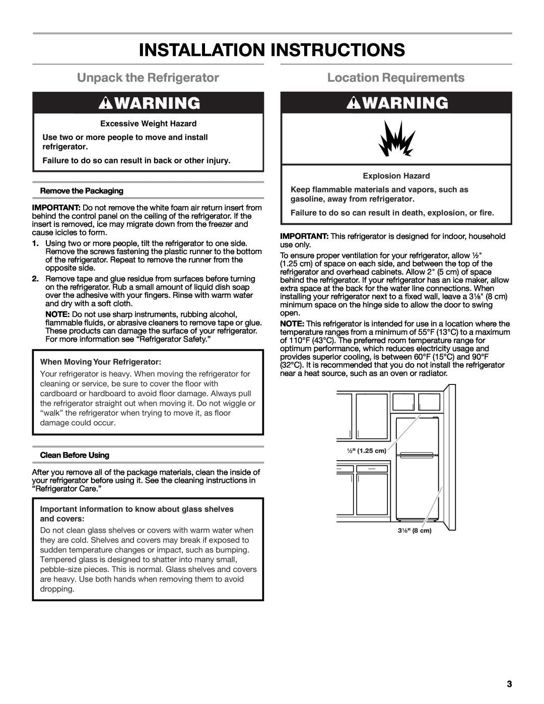 Whirlpool W10475403A Installation Instructions, Unpack the Refrigerator, Location Requirements, Excessive Weight Hazard 