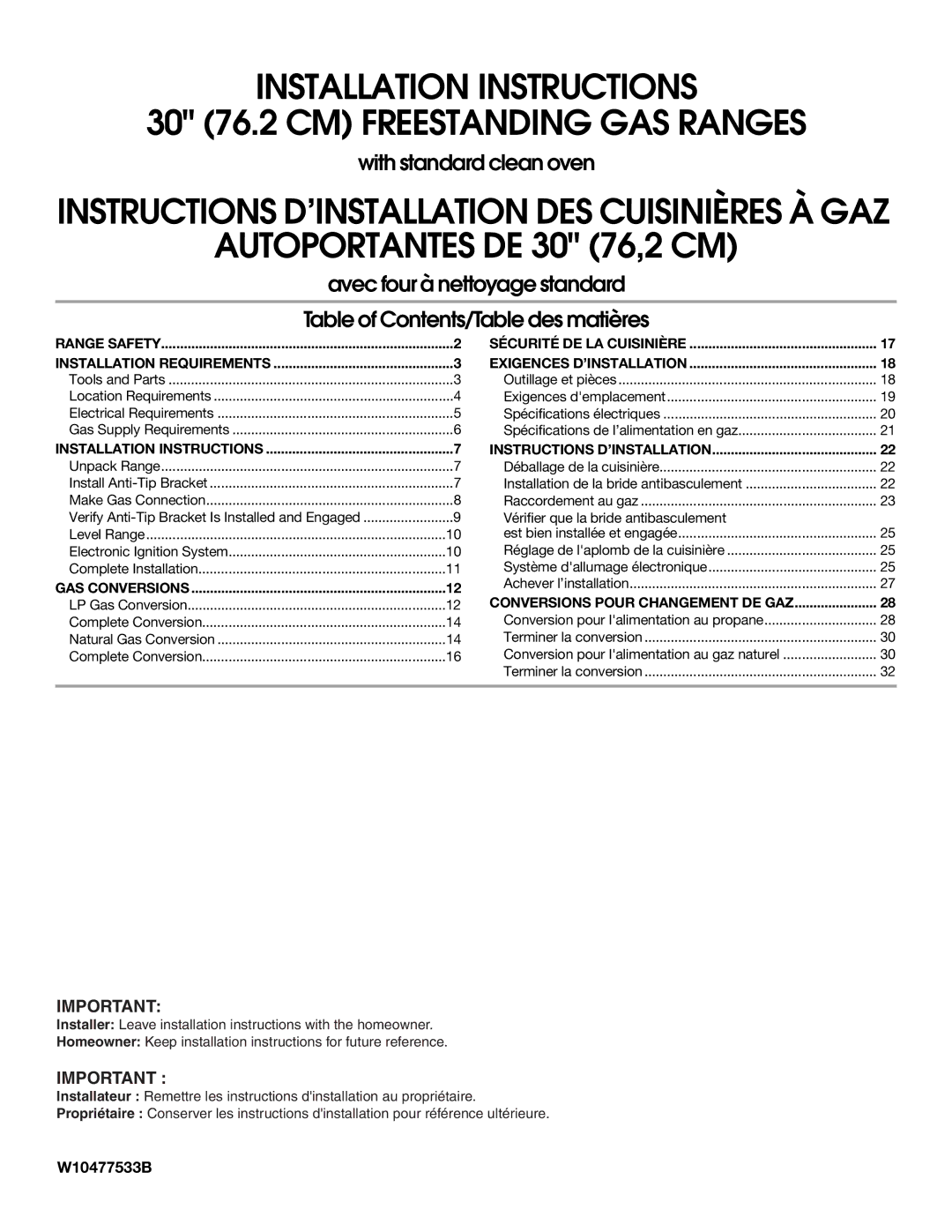 Whirlpool W10477533B installation instructions Instructions D’INSTALLATION DES Cuisinières À GAZ 