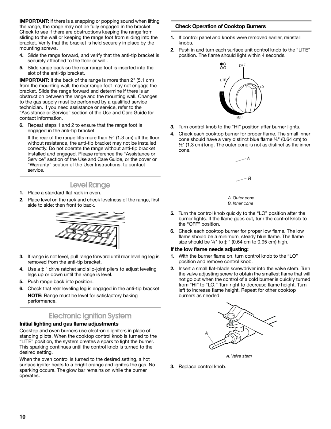 Whirlpool W10477533B Level Range, Electronic Ignition System, Initial lighting and gas flame adjustments 