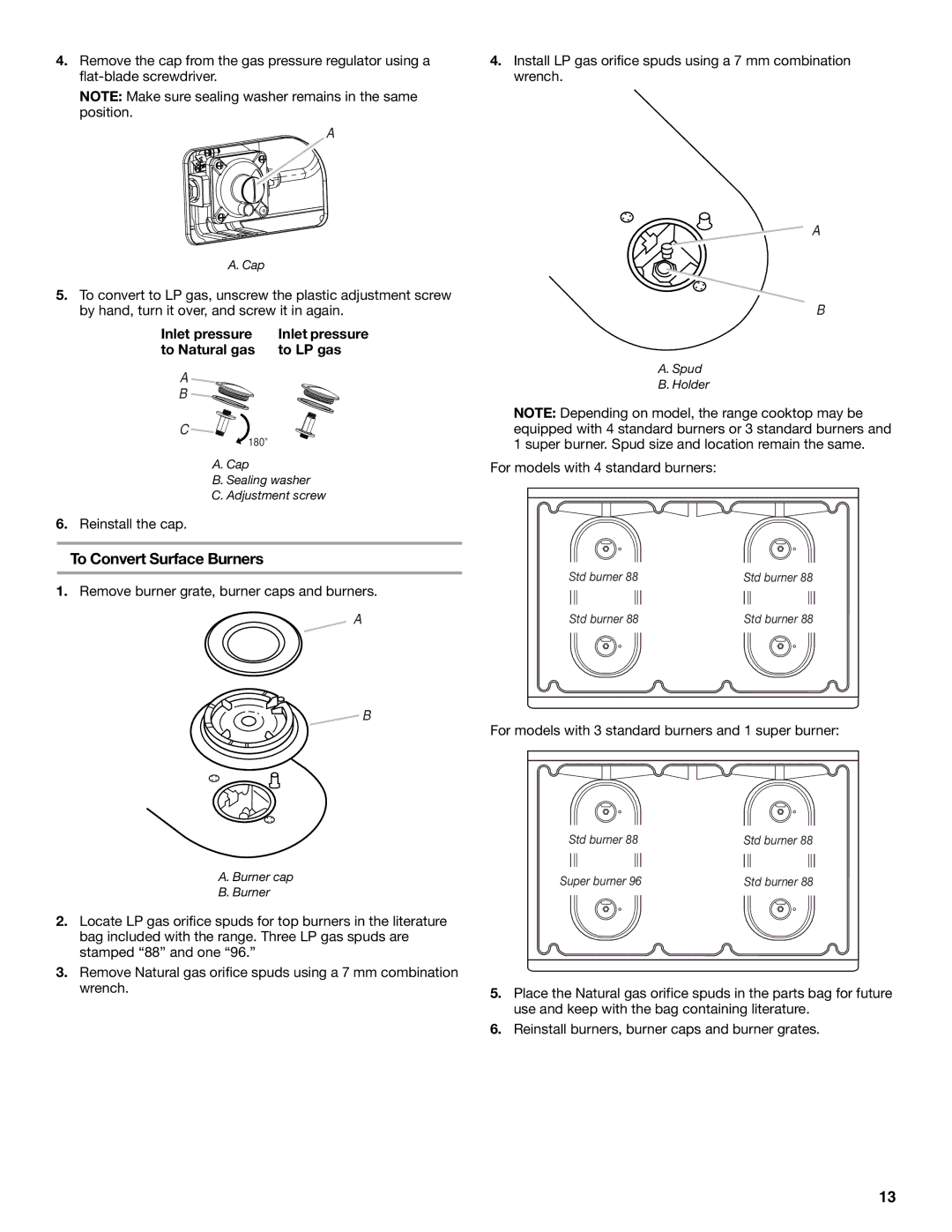 Whirlpool W10477533B installation instructions To Convert Surface Burners, Inlet pressure, To Natural gas To LP gas 